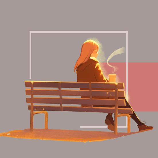 Kvinde sidder alene på bænk med en kop kaffe