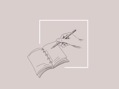 Skitsetegning af dagbog og hånd med kuglepen