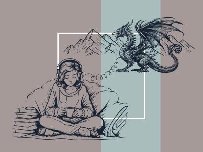 pige, der lytter lydbog, og en ledning, der leder fra hørebøfferne til en stor drage