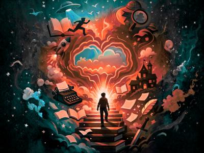 AI-grafik - skikkelse går op af trappe med forskellige symboler rundt om