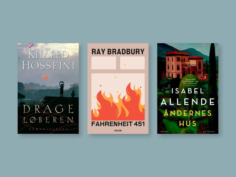 Tre bogforsider, Drageløberen, Fahrenheit 451, Åndernes hus